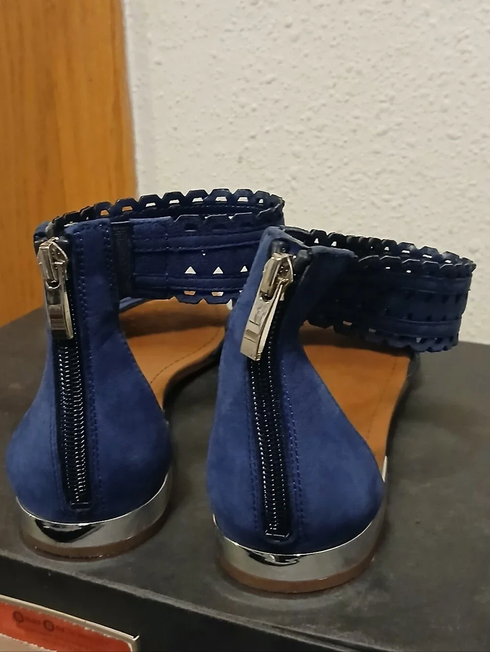 Franco Sarto Blue Suede Laser-Cut Ankle Zip Flat Sandals Size 8.5M